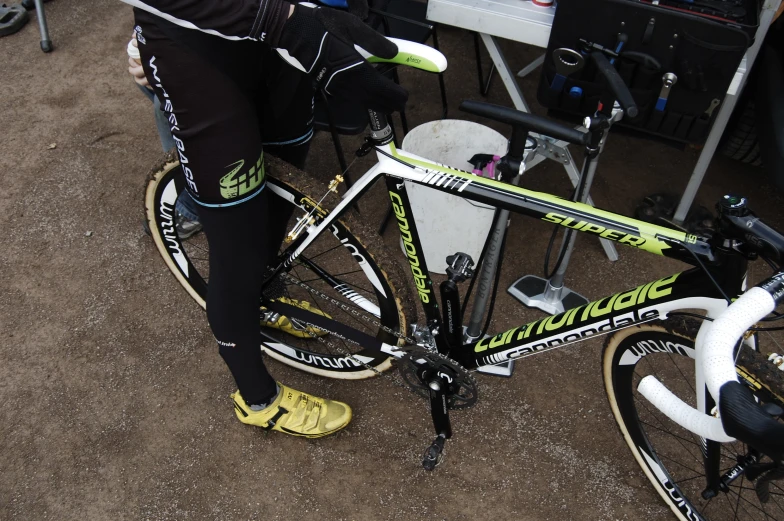 person's feet on a bike in front of their bike rack