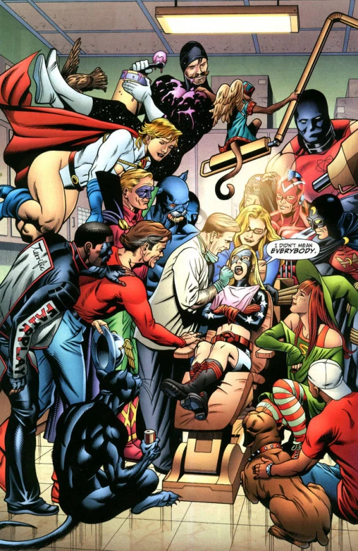 cartoonized image of all of the comic characters posing together