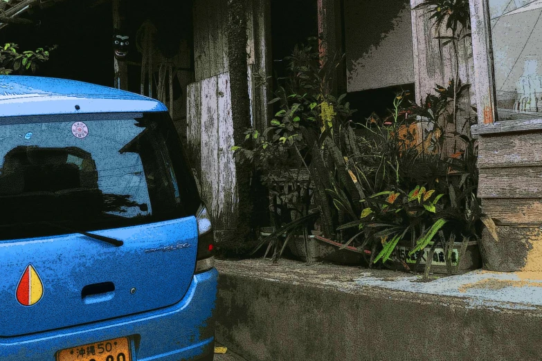 the blue van is parked on the sidewalk next to the building