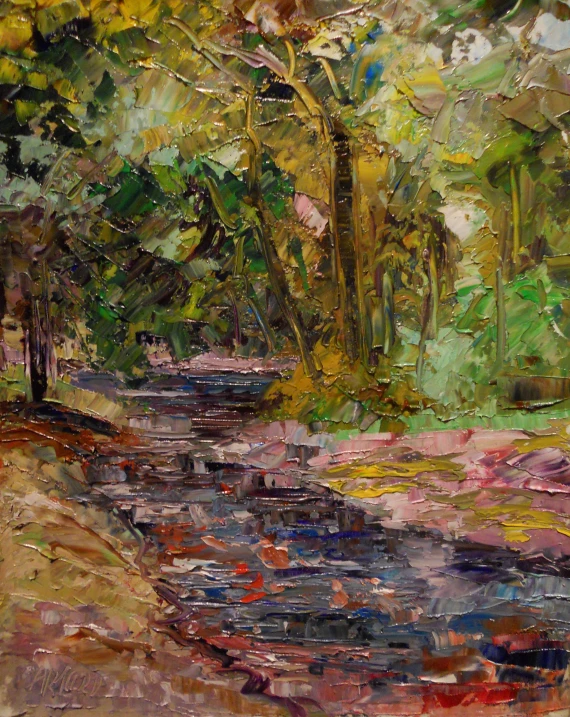 a painting shows many trees along side a path