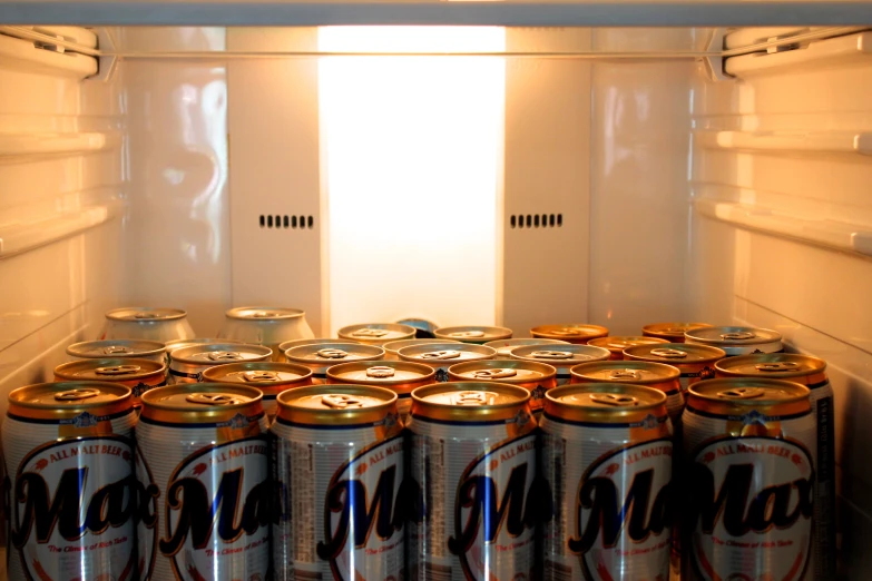 an open refrigerator with several cans inside