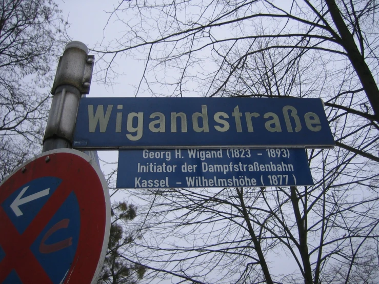 a street sign sitting below two large trees