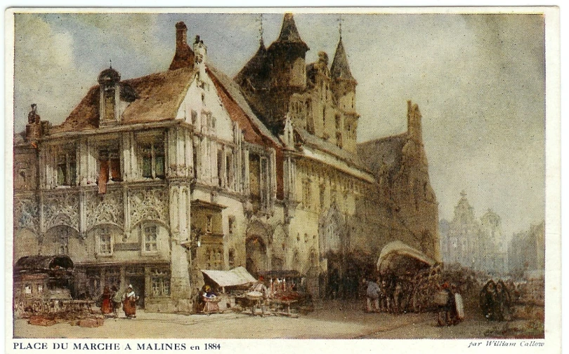 a painting of a city street with cars parked in front of it