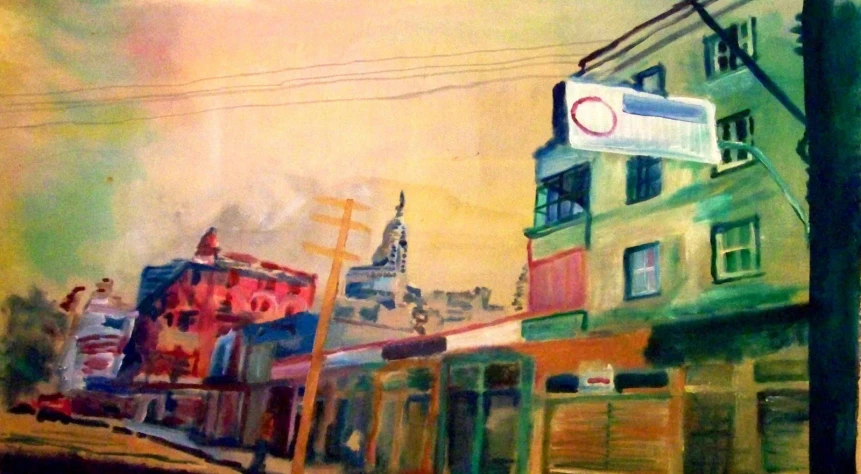 an oil painting of a street with buildings and a lamp post