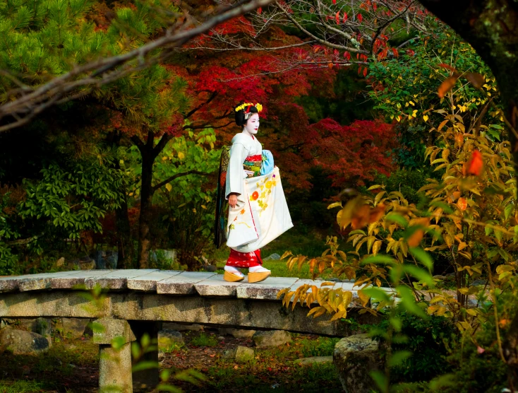 a person in an oriental dress crossing a bridge with trees in the background