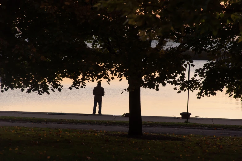 man walking a dog at a lake with the sunset in the background