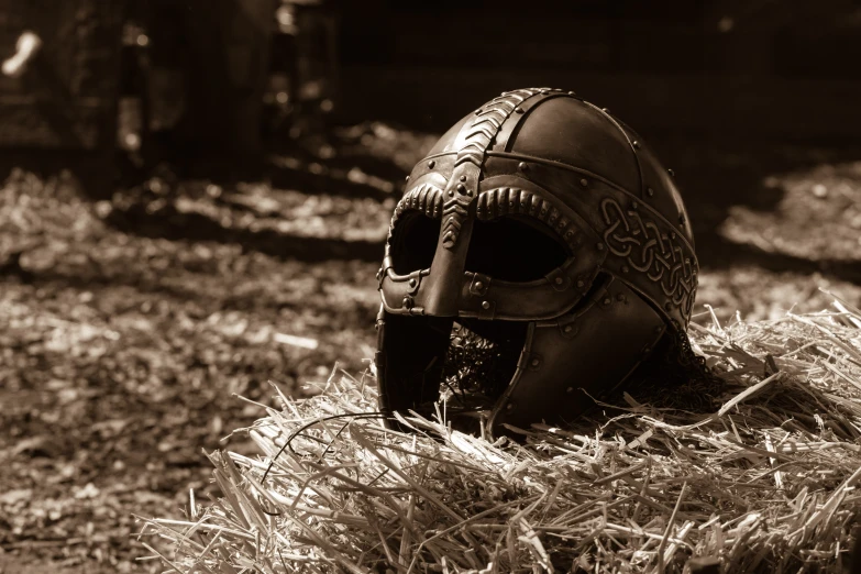 a brown helmet is sitting in the grass