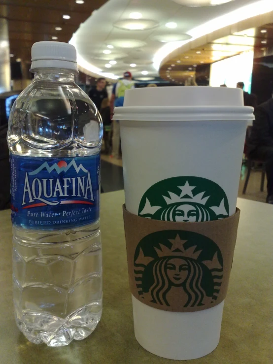 a cup and water sitting on a table