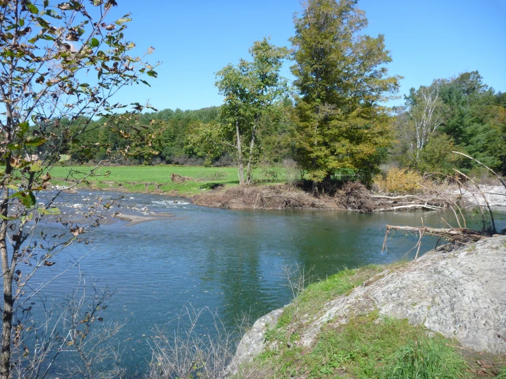 a body of water with rocks and trees around it