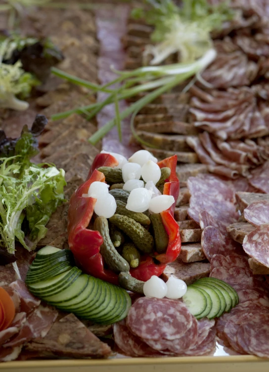 a tray with assorted food on it and different vegetables