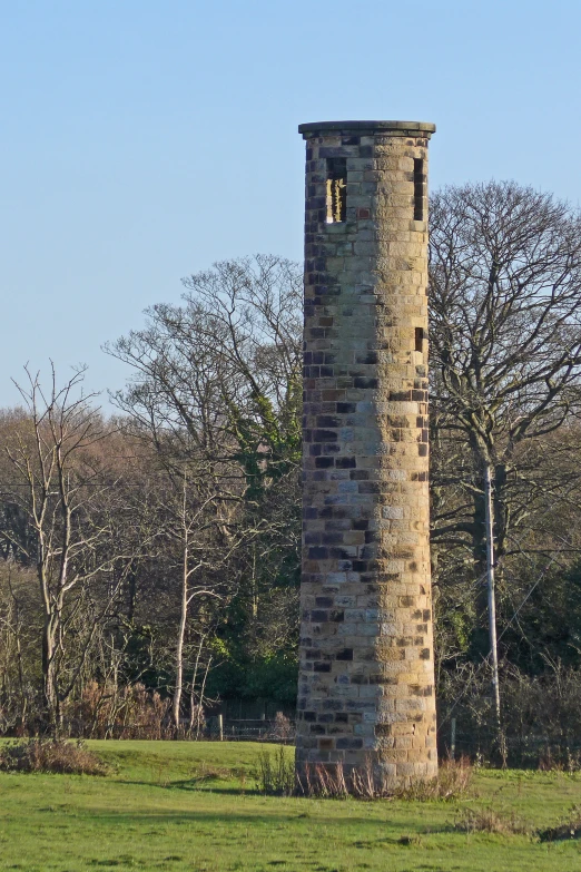 a stone tower in a grassy field with trees