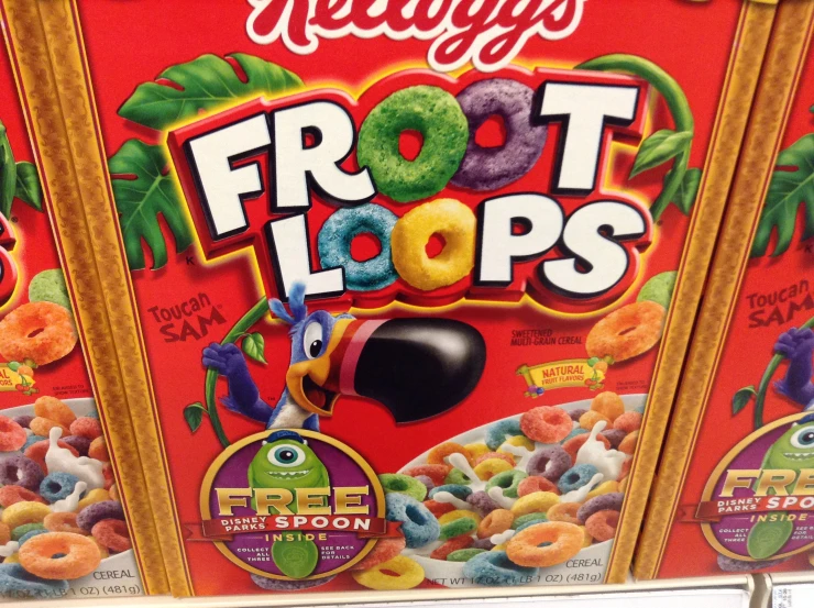 a row of cereal box with fruit loops