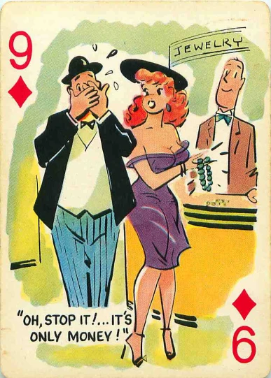 an old fashioned card from the 1950's depicts a man and a woman dancing
