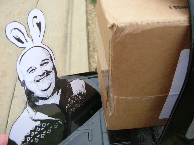 an unwrapped box with a po of a person wearing a rabbit ear hat and an advertit on the side of the package