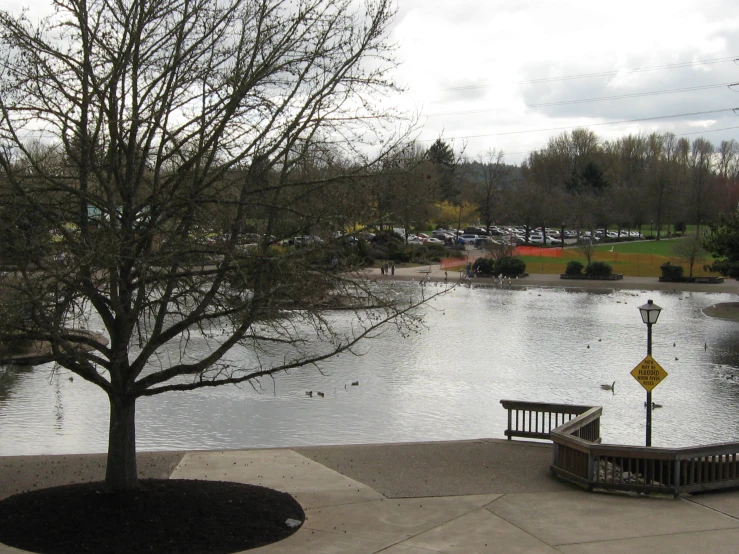 there are two park benches near a lake