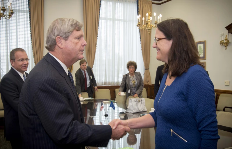 two people in business suits shake hands over a table