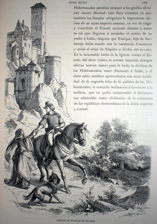 an illustration showing a man on horse in the middle of a book