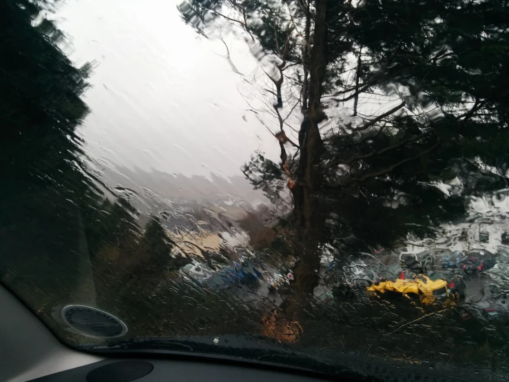 rain outside of windshield with parked cars and trees on side of street