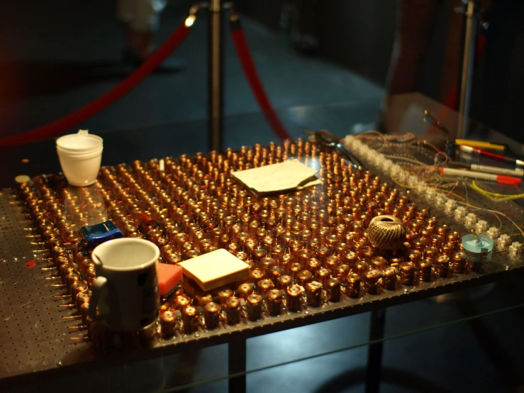 a counter topped with assorted items on display