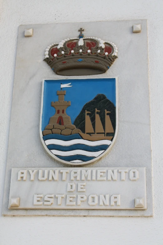 a white sign with a blue background and an image of ships