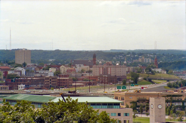 a picture of a small town with a very large tower