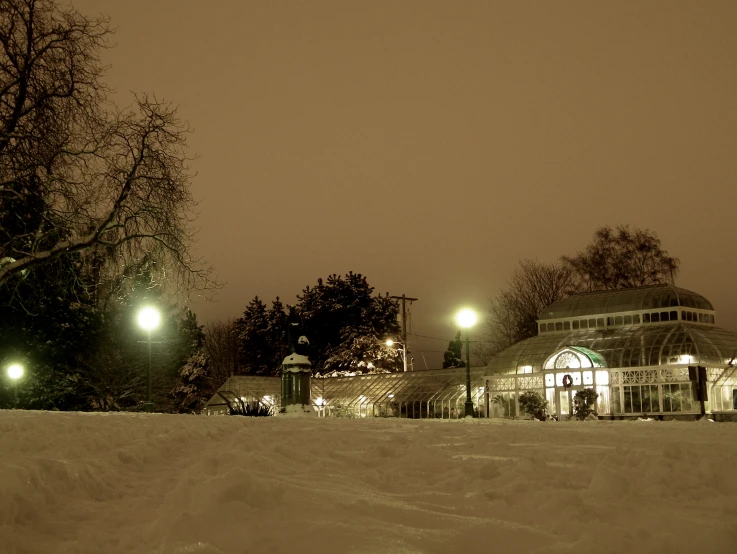 light is shining down on the snow covered street