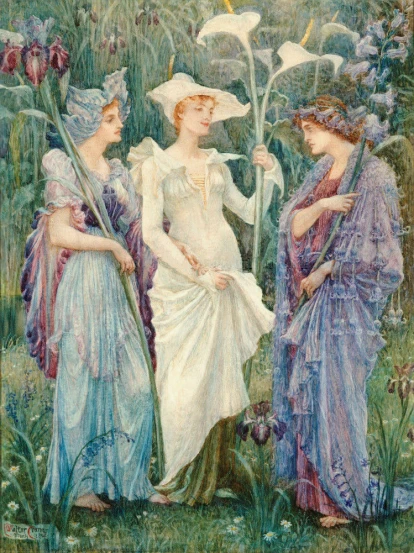 three women in colorful dress in a garden with white flowers