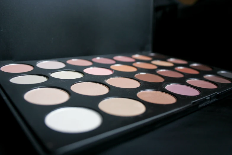 a black case filled with a large pale pink eye shadow