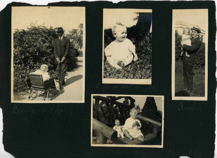 four pictures with a baby on a bike, child in a baby buggy and an infant sitting in a chair