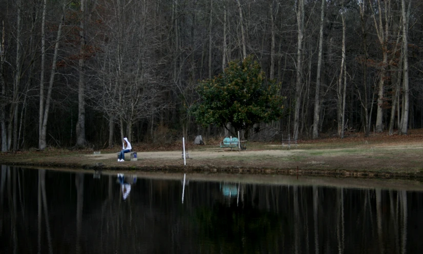 man sitting alone in park next to pond looking out at trees