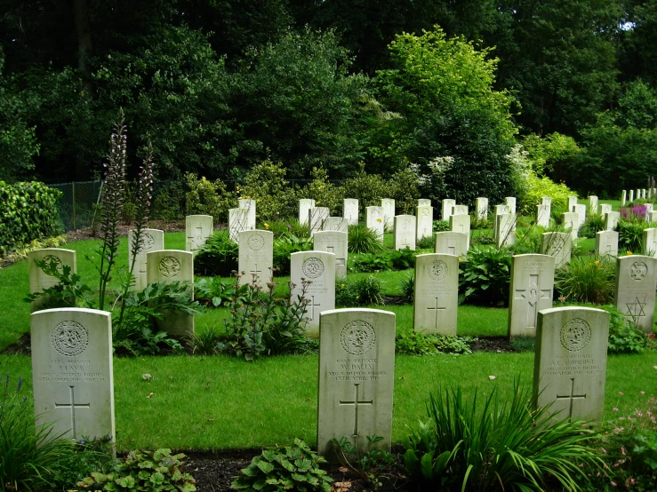 many headstones and graves sitting in the grass