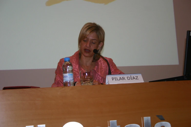 a woman sitting behind a microphone while making a speech