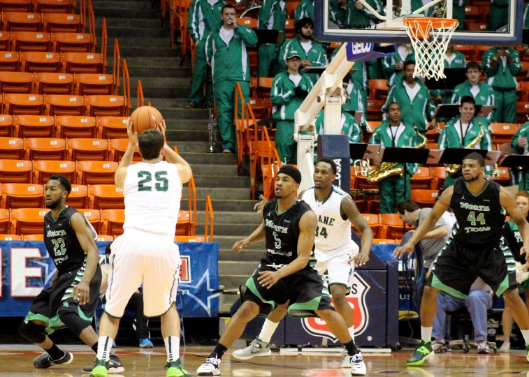 a group of people playing basketball in a stadium