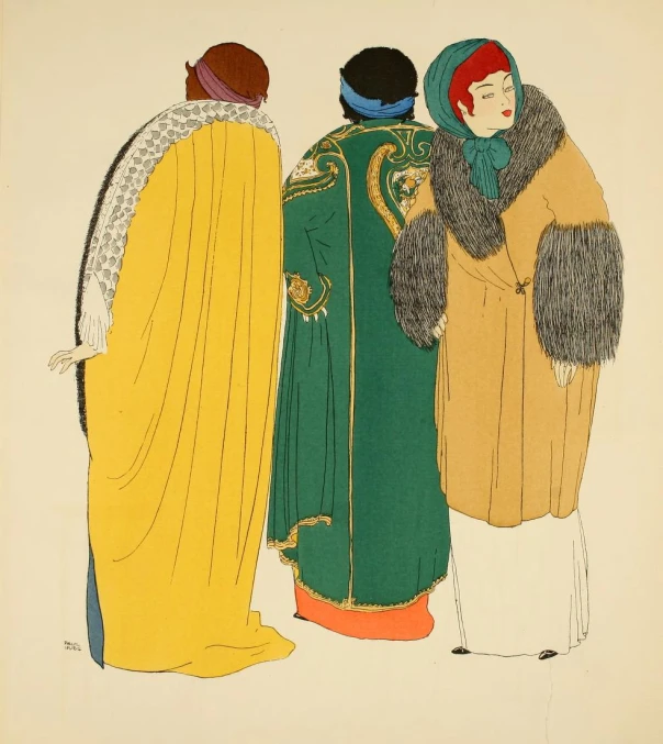three women in traditional clothing and the woman wearing a head scarf, standing together