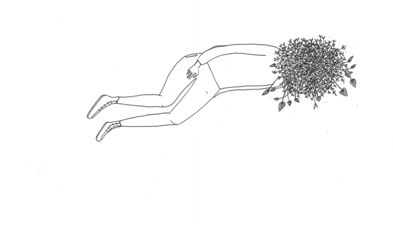 an ink drawing of a person falling to the floor