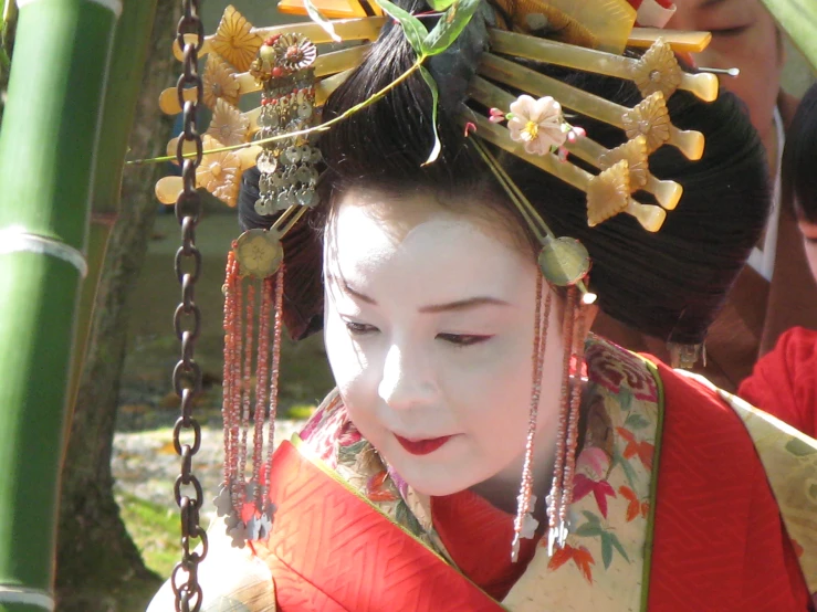 a geisha wearing oriental jewelry on her head