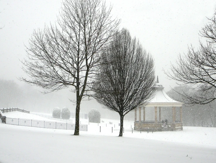 a gazebo in the snow with some trees