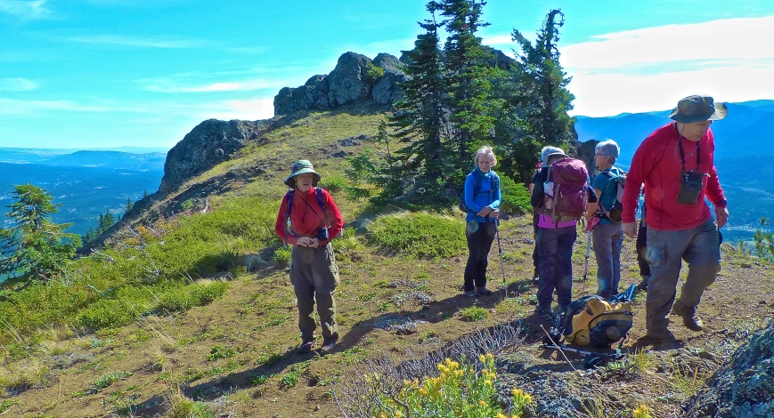 a group of people walking up a hillside together