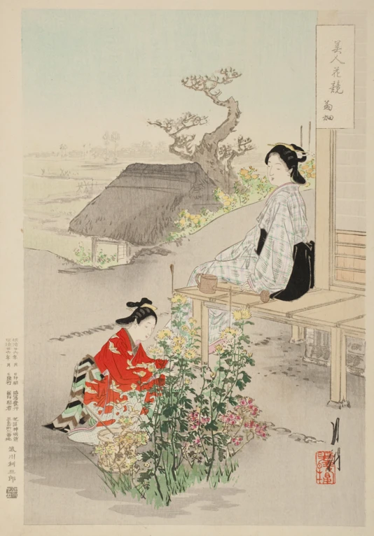 an oriental painting shows two women sitting in front of flowers