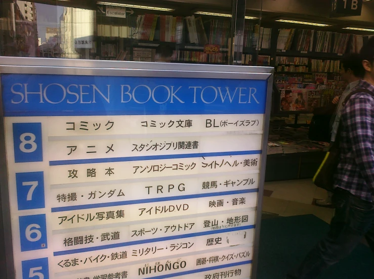 a man standing next to a sign and books