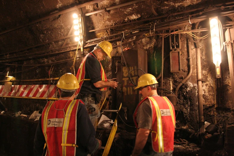 a group of people standing around in a coal mine