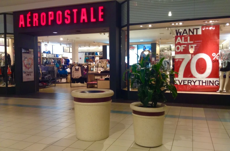 two planters in front of a store with the words aeropost sale