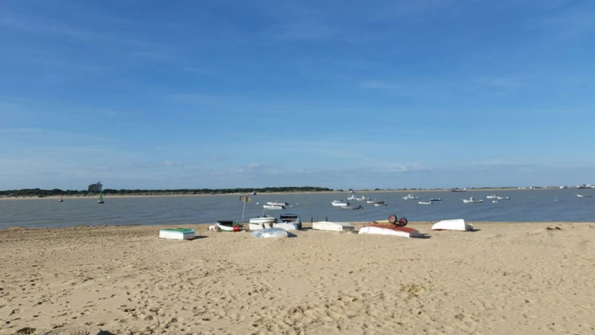 the boats are out on the shore of the water