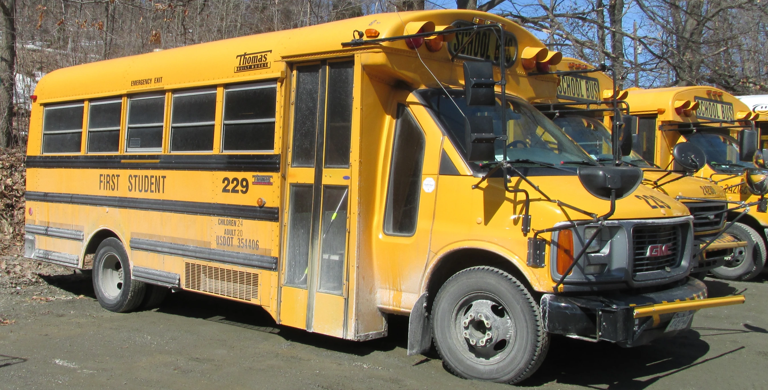 two school buses parked side by side in the street