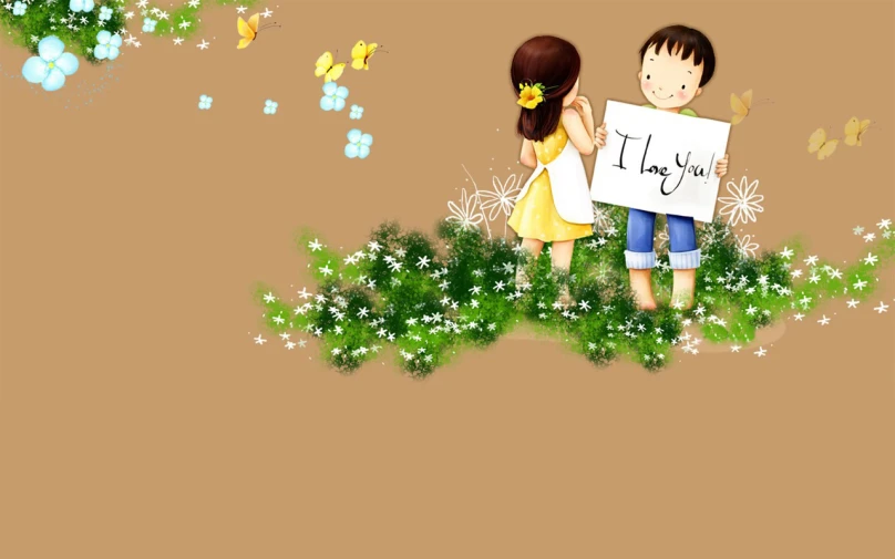 an artistic cartoon image of a boy and a girl holding a sign that says i love you