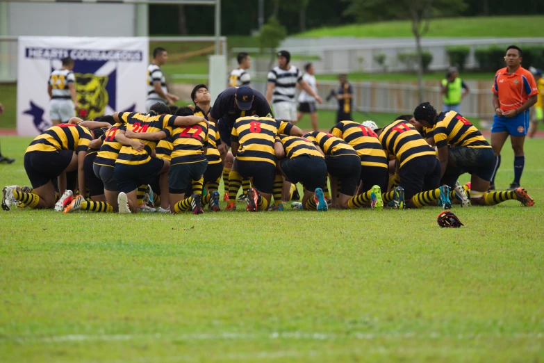 several teams in black and yellow shirts stand on grass and talk