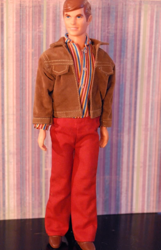 there is a barbie doll that is wearing a brown jacket and red pants