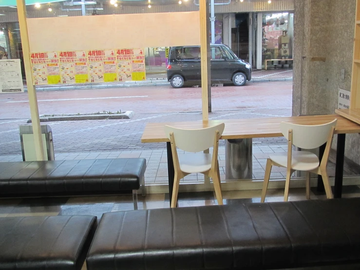 a group of empty tables in front of a window