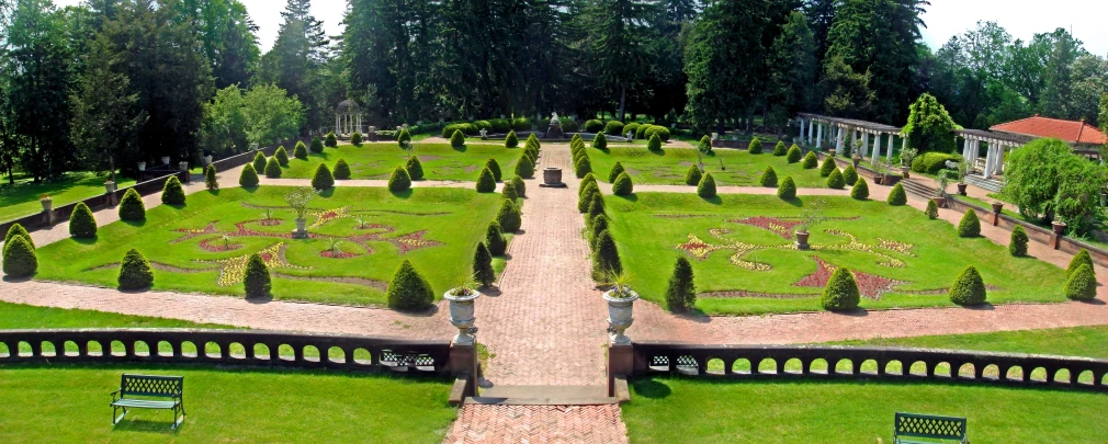 a very large circular garden with a long pathway