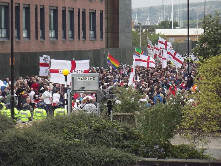a large group of people holding flags near a tall building